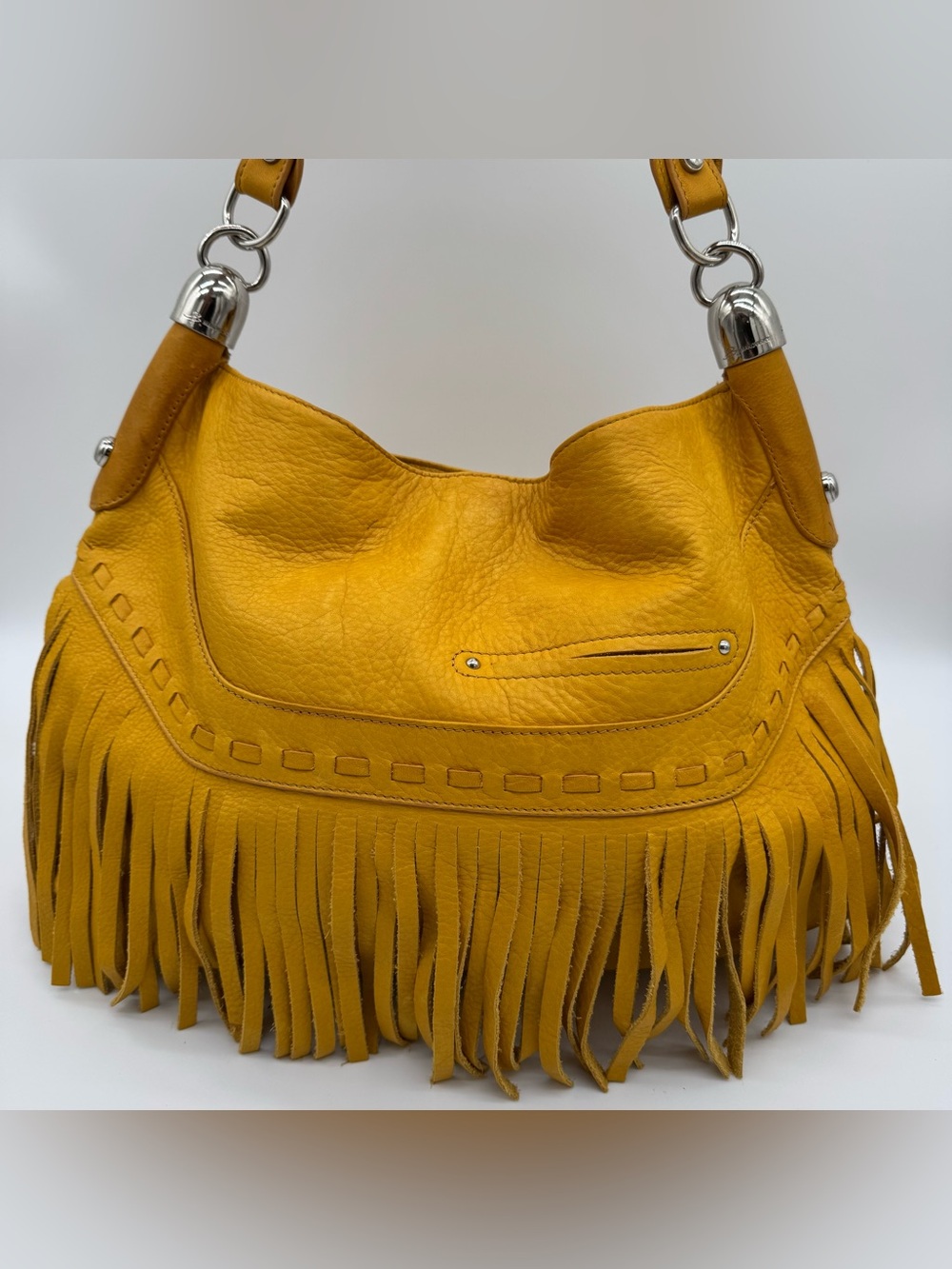 B. Makowsky Fringed Boho Shoulder Bag Yellow Leather in Excellent Condition